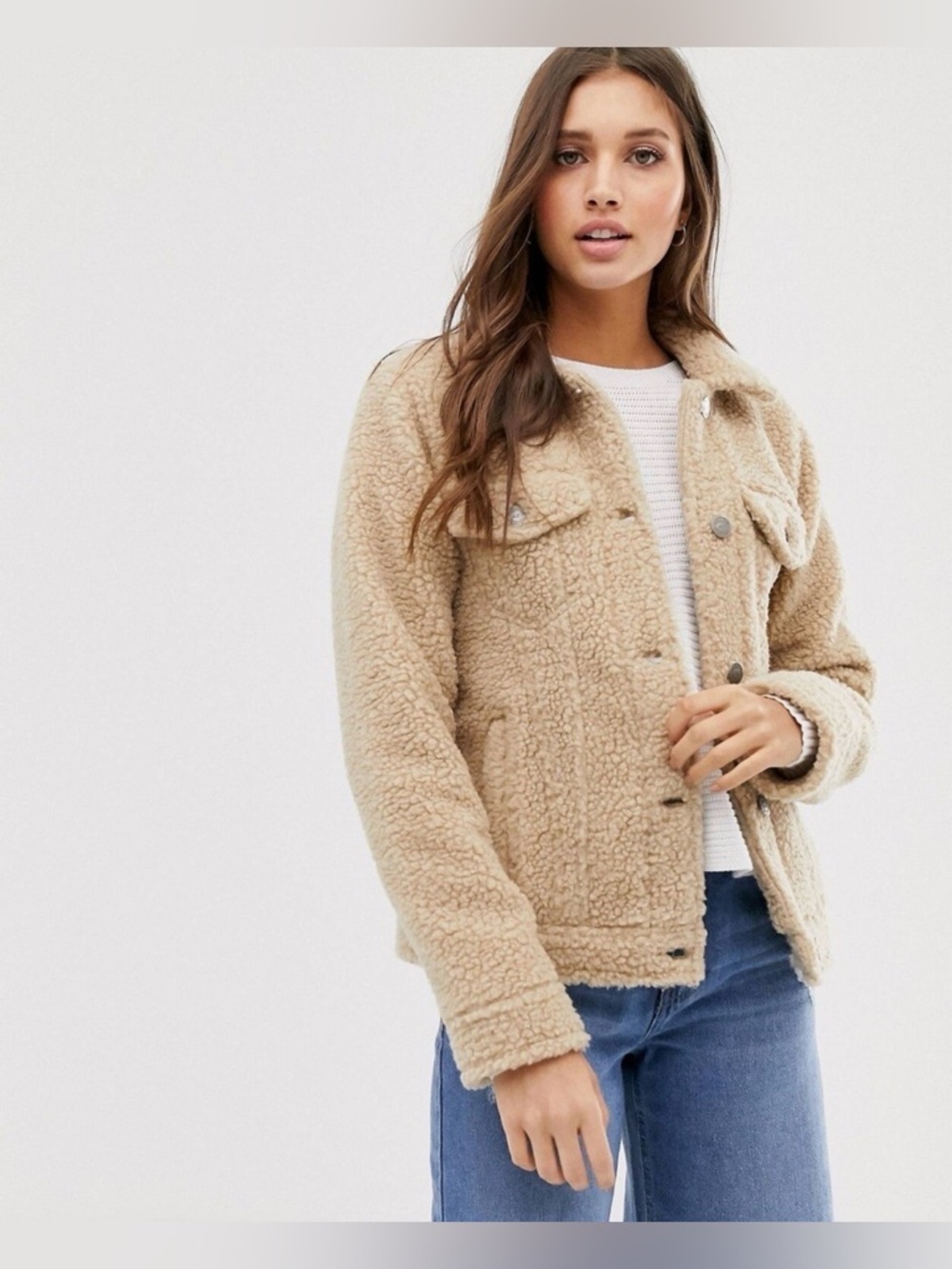 Hollister Co. Fall Winter Button Tan Brown Sherpa Teddy Trucker Jacket Women's S